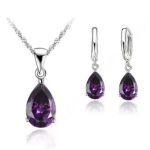 🌟 925 Sterling Silver Necklace And Earrings Set Tear Drop Cute Top Hoop